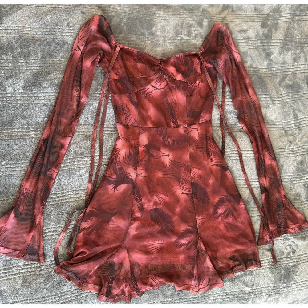 Cider Red Mesh Long Bell Sleeved Off The Shoulder Mini Dress Women's XS - Picture 2 of 11